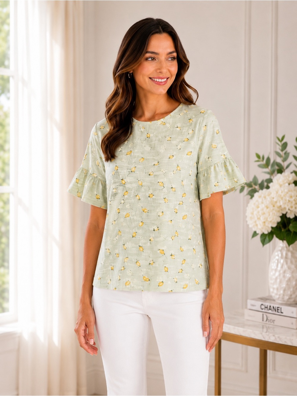 LC Lauren Conrad Lemon Print Blouse GreenBell Sleeve Tie Back Top NWT PM PL